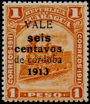 Nicaragua stamps 1913 surcharges Locomotive 6c / 1 Peso 